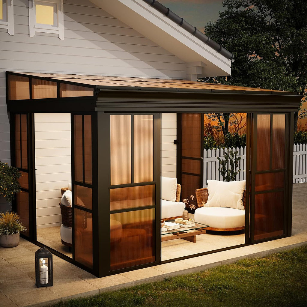 EROMMY 10x12 Lean-to Sunroom Gazebo, Enclosed Patio Shelter with Sliding Doors, Polycarbonate Roof and Brown-Tinted Panels, Aluminum Frame for Backyard