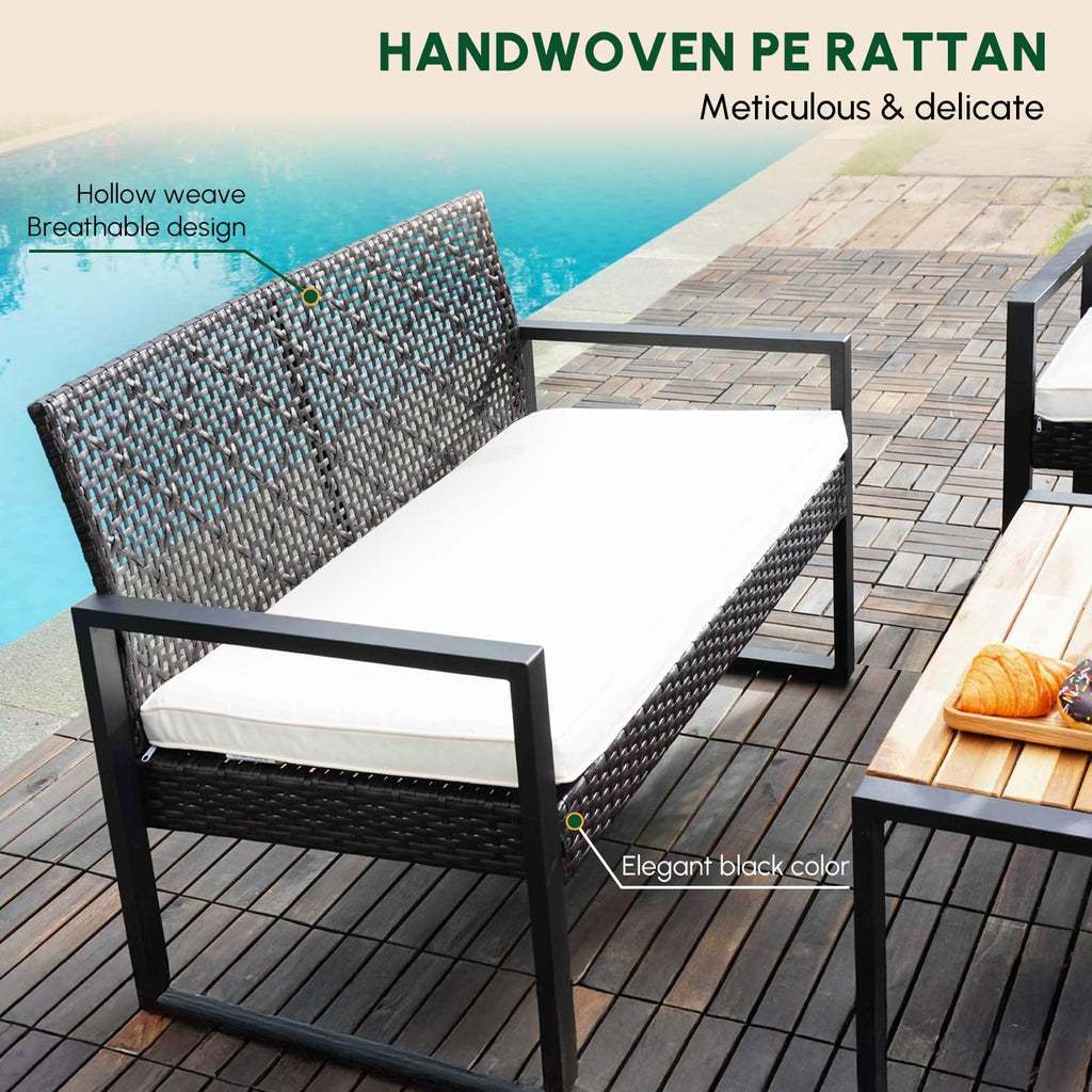 BEEFURNI Wicker Patio Furniture Outdoor Conversation Set of 4, Rattan Outdoor Furniture Set, Acacia Wood Table, 2 Chairs, 1 Loveseat, 2' Cushions, All Weather Set for Patio, Porch, Balcony (Black)