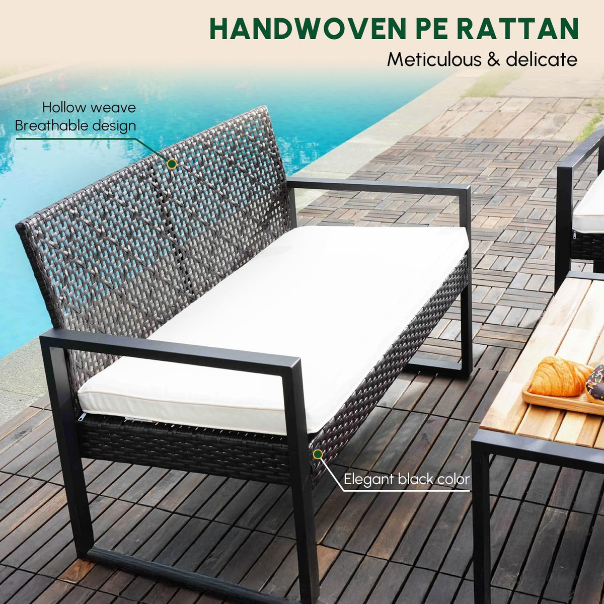 BEEFURNI Wicker Patio Furniture Outdoor Conversation Set of 4, Rattan Outdoor Furniture Set, Acacia Wood Table, 2 Chairs, 1 Loveseat, 2' Cushions, All Weather Set for Patio, Porch, Balcony (Black)