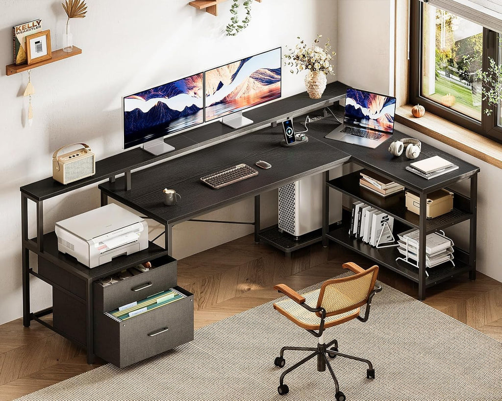 ODK 75' L Shaped Desk with File Drawers, Work from Home Office Desk with Power Outlet, Reversible Computer Desk with Storage Shelves, Gaming Desk with Monitor Shelf, Corner WFM Table, Black