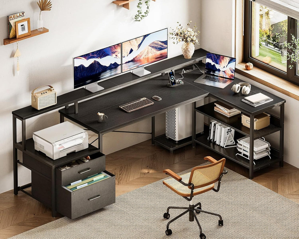 ODK 75' L Shaped Desk with File Drawers, Work from Home Office Desk with Power Outlet, Reversible Computer Desk with Storage Shelves, Gaming Desk with Monitor Shelf, Corner WFM Table, Black
