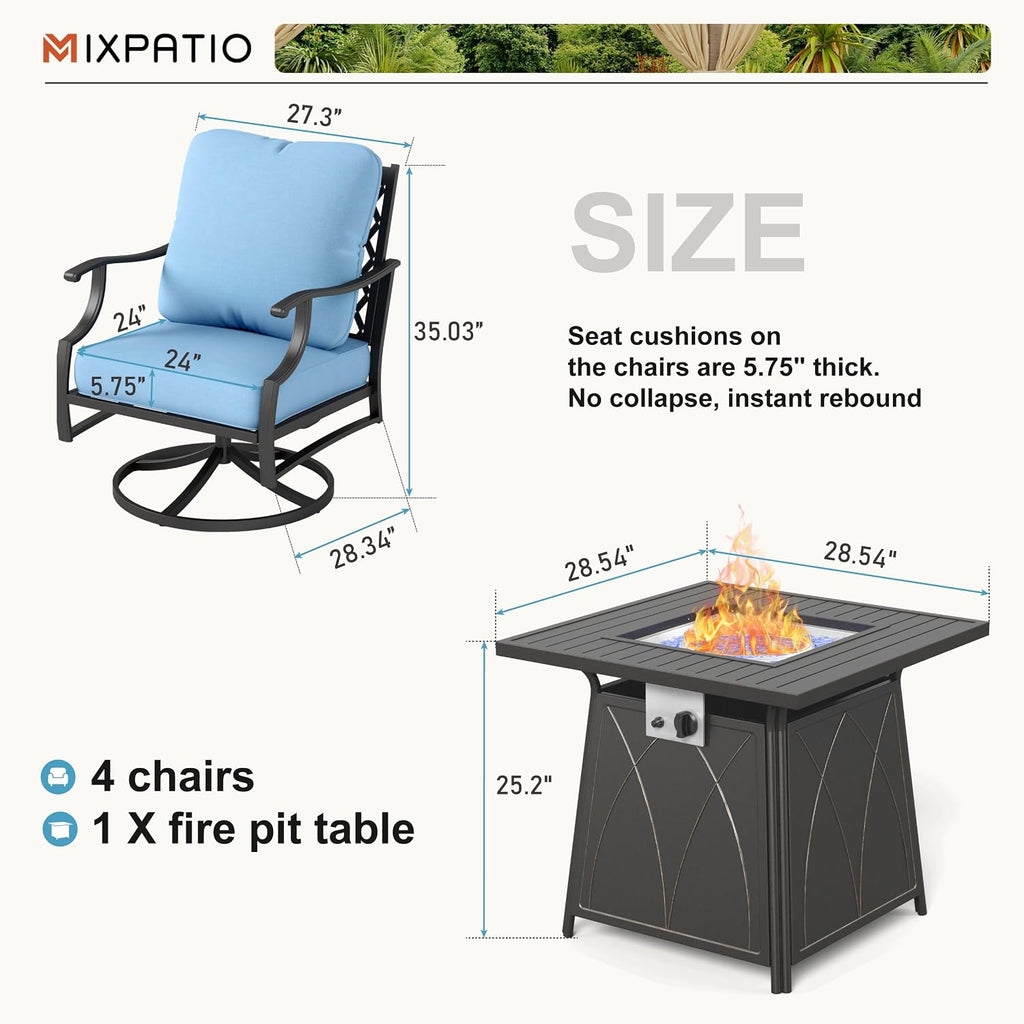 MIXPATIO Patio Furniture Set with Fire Pit Table, 5 Pcs Metal Outdoor Conversation Set, 4 Swivel Chairs with 5.75' Extra Thick Cushion and 28' Fire Pit Table for Backyard Deck, Blue