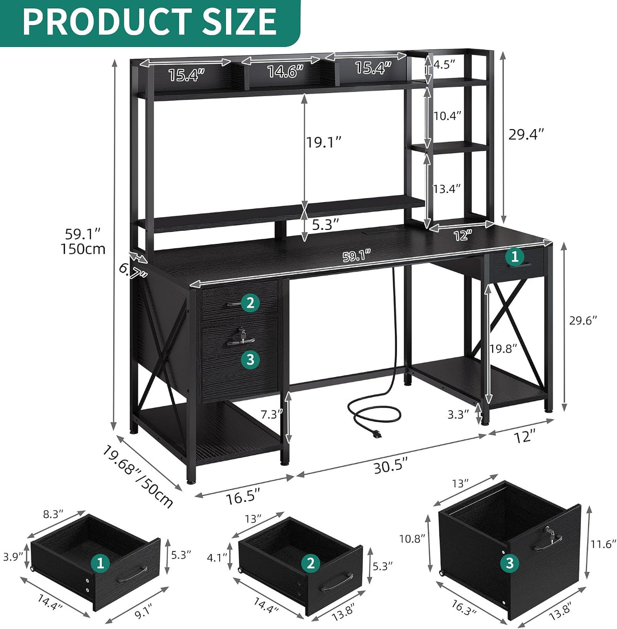 DWVO Computer Desk with Drawers & Hutch, 59.1' Office Desk with Power Outlets & LED Lights, Home Office Desk with Storage Shelves, Black