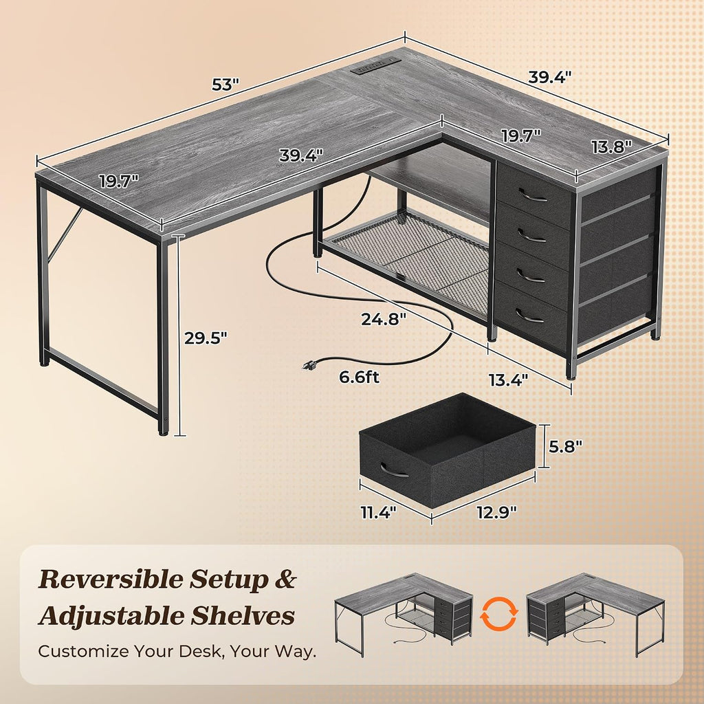 PRAISUN 53' L Shaped Desk with Power Outlets and USB-C Port, Reversible Computer Corner Office Desk with 4 Fabric Drawers and 2 Height-Adjustable Shelves, Large for Gaming Writing Work Study, Grey