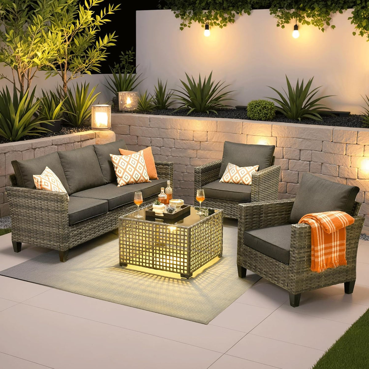 ovios 4 Pieces Patio Furniture Set Outdoor Sofa Couch with Solar Lights Table Comfy Cushions, Modern Deep Seat Wicker Rattan Conversation Set for Porch Deck, Black