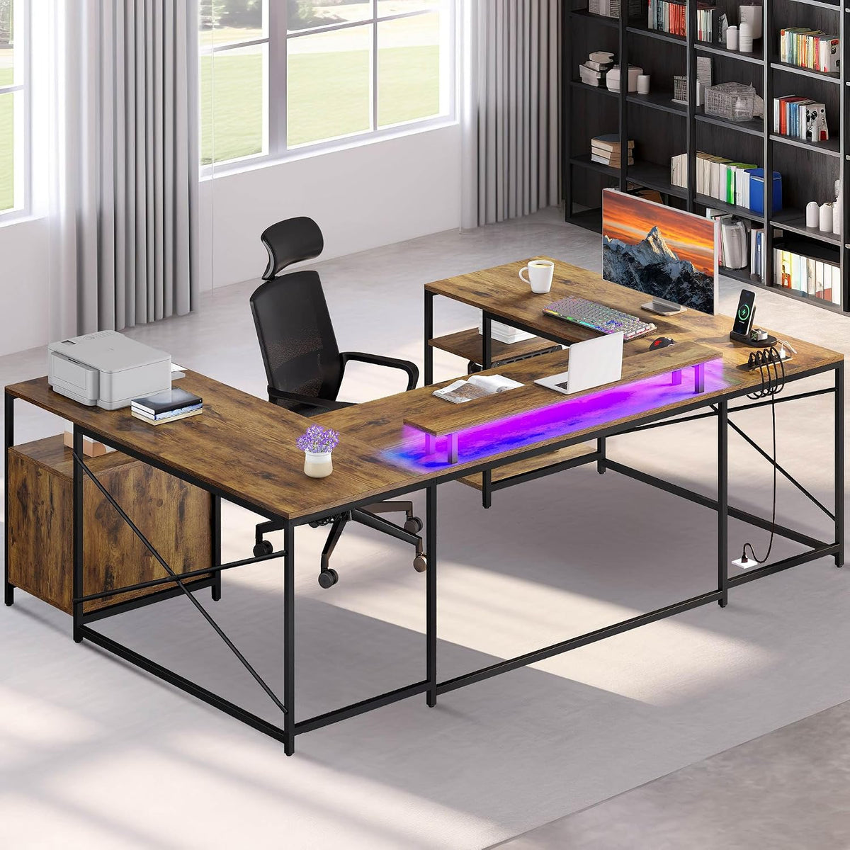 DWVO U Shaped Desk with Drawers, 79' Reversible L Shaped Desk with Power Outlets & LED Lights, Corner Computer Desk with Monitor Stand & Storage Shelves, Rustic Brown
