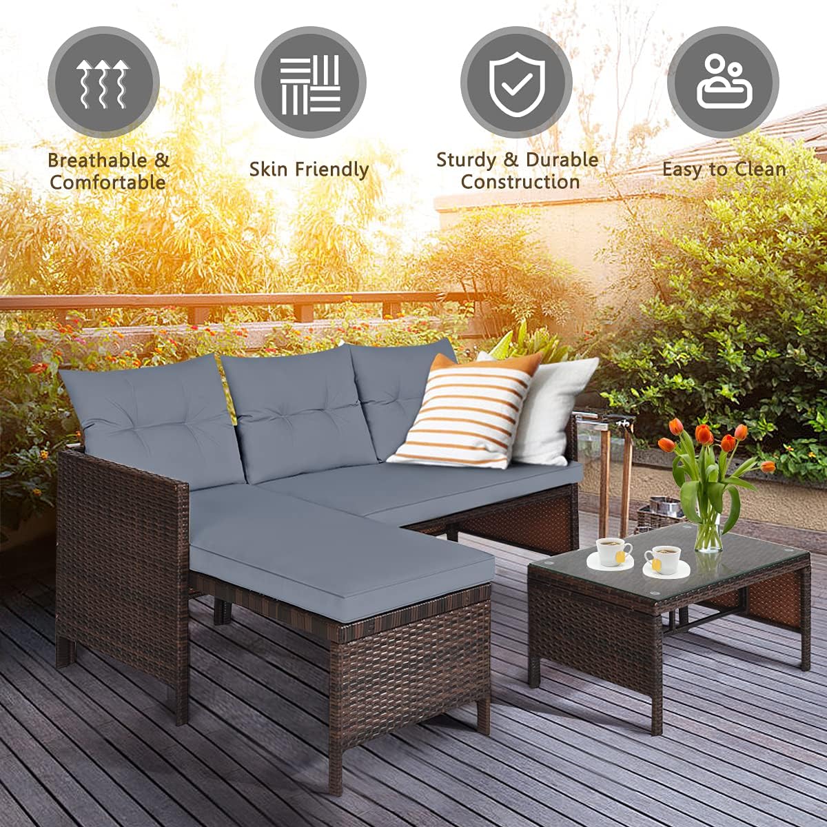 HAPPYGRILL 3 PCS Patio Conversation Set Sectional Rattan Wicker Sofa Set with Steel Frame & Seat Cushion, Outdoor Table & Sofa Furniture Set for Garden Lawn Pool Backyard