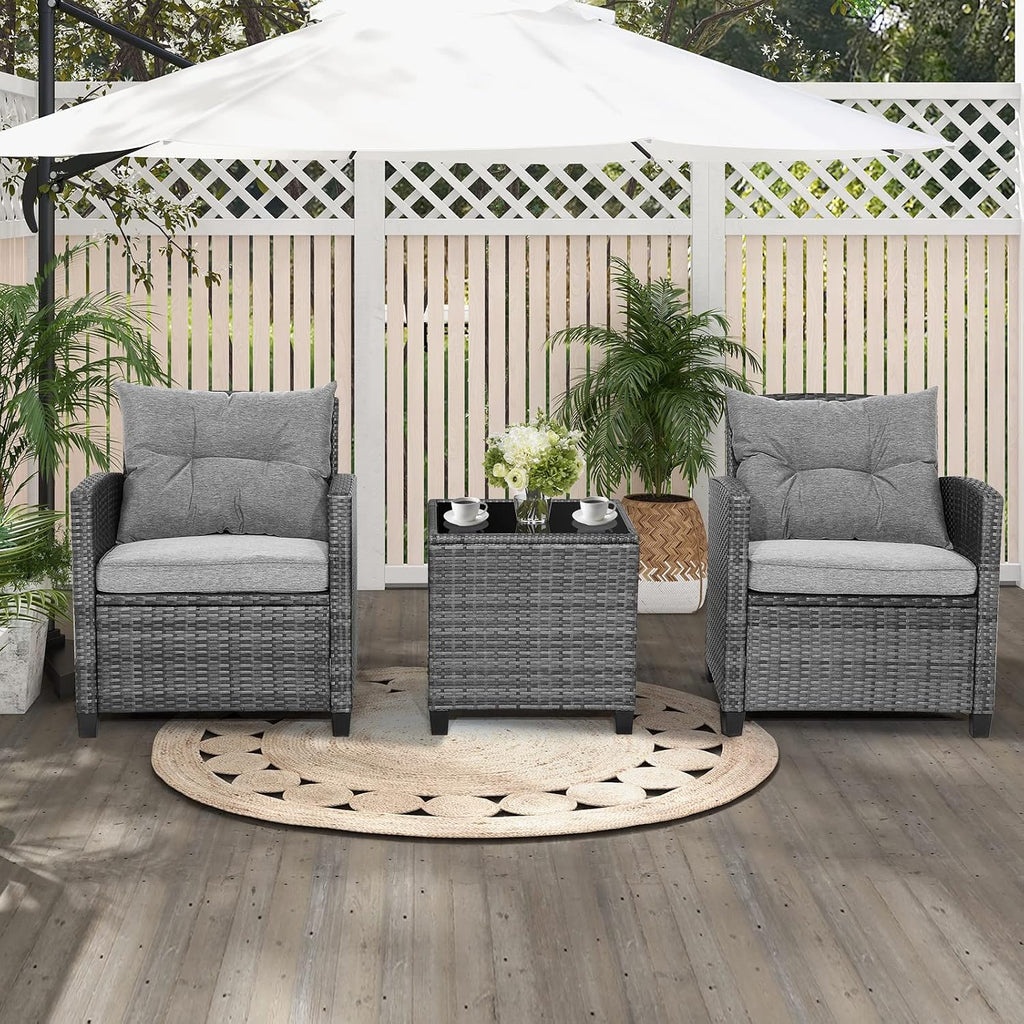 HAPPYGRILL 3 Pieces Patio Conversation Set, Outdoor Furniture Set PE Rattan Sofa Set with Removable Cushions, PE Wicker Chairs with Tempered Glass Side Table for Porch Lawn Garden Balcony Backyard