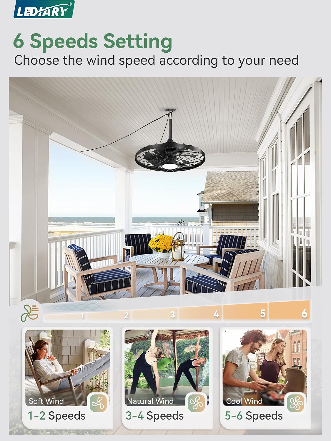 LEDIARY 24' Outdoor Ceiling Fan with Lights,IP65 Waterproof Gazebo Hanging Fan with Remote Control Smart App, Plug in Caged Ceiling Fan with 3CCT 6-Speeds for Patio Porch Pergola(Black)