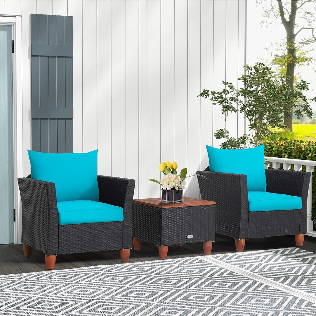 LDAILY Patio 3 Pieces Patio Furniture Set, PE Rattan Outdoor Wicker Sofa Chair with Washable Cushion & Wood Storage Table, Patio Conversation Set for Porch, Yard, Garden (Turquoise)