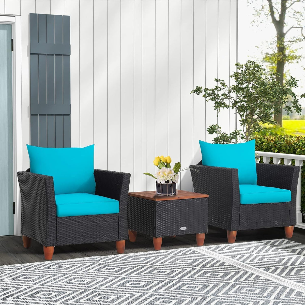 LDAILY Patio 3 Pieces Patio Furniture Set, PE Rattan Outdoor Wicker Sofa Chair with Washable Cushion & Wood Storage Table, Patio Conversation Set for Porch, Yard, Garden (Turquoise)