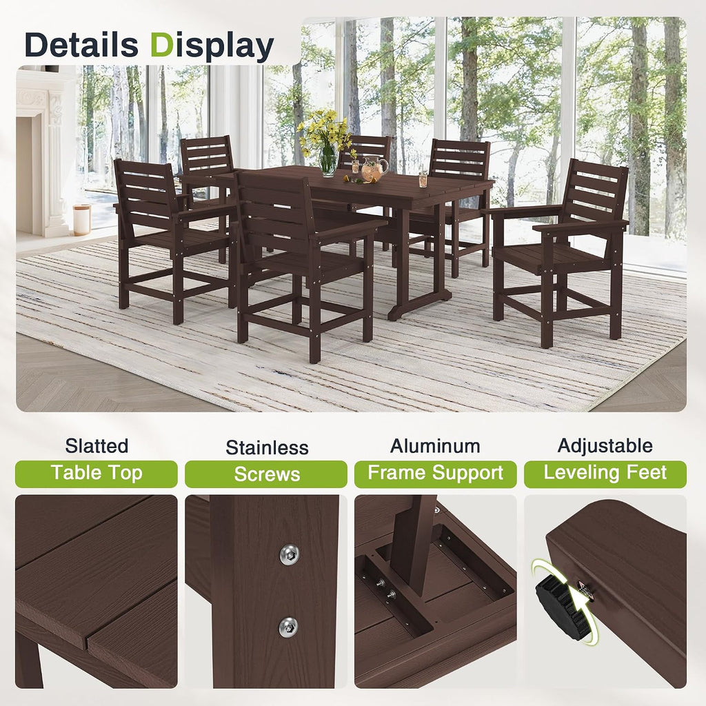 7 Piece Outdoor Dining Set, HDPS Patio Table and Chairs Set, 66' Patio Table with 1.96' Umbrella Hole & 6 Chairs, All Weather Furniture for Garden, Backyard, Poolside (Coffee Brown)