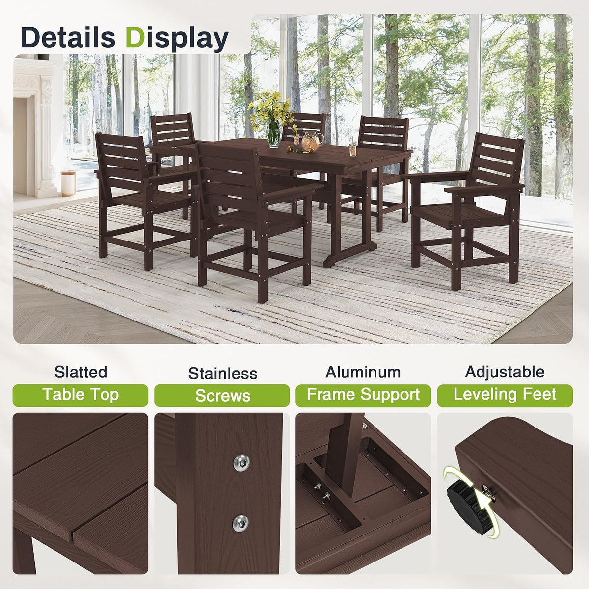 7 Piece Outdoor Dining Set, HDPS Patio Table and Chairs Set, 66' Patio Table with 1.96' Umbrella Hole & 6 Chairs, All Weather Furniture for Garden, Backyard, Poolside (Coffee Brown)