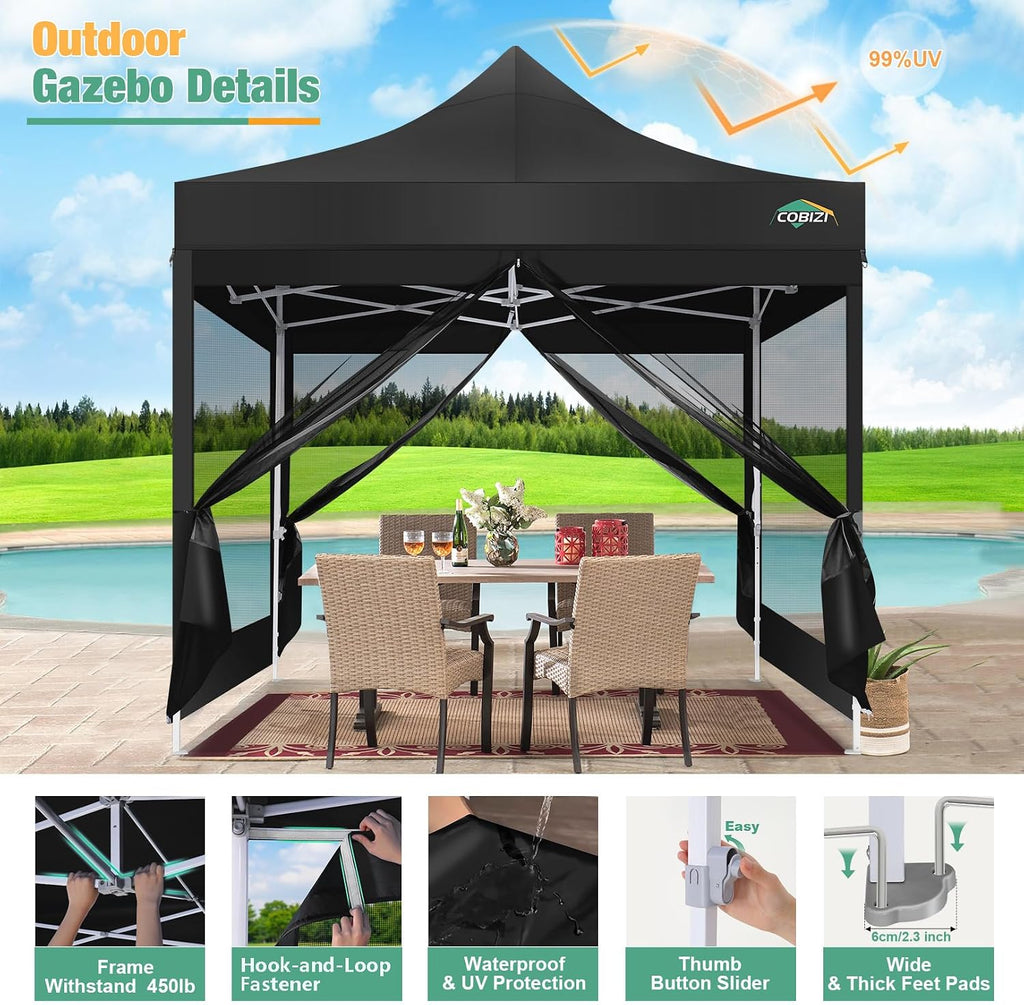 COBIZI Canopy Tent 10x10 Heavy Duty, Pop Up Gazebo with Netting Screened,Waterproof Ez up Canopy with Sidewalls, Outdoor Instant Screen House Tent for Camping,Backyard, Wedding, Birthday,Black