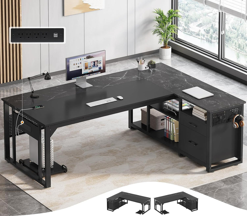 71 in Executive Desk with Power Outlets, Reversible L Shaped Desk with File Drawers & Storage Shelves, Large Office Desk Computer Desk with Pegboard, Mobile CPU Stand, Modern Corner Desk (Black)
