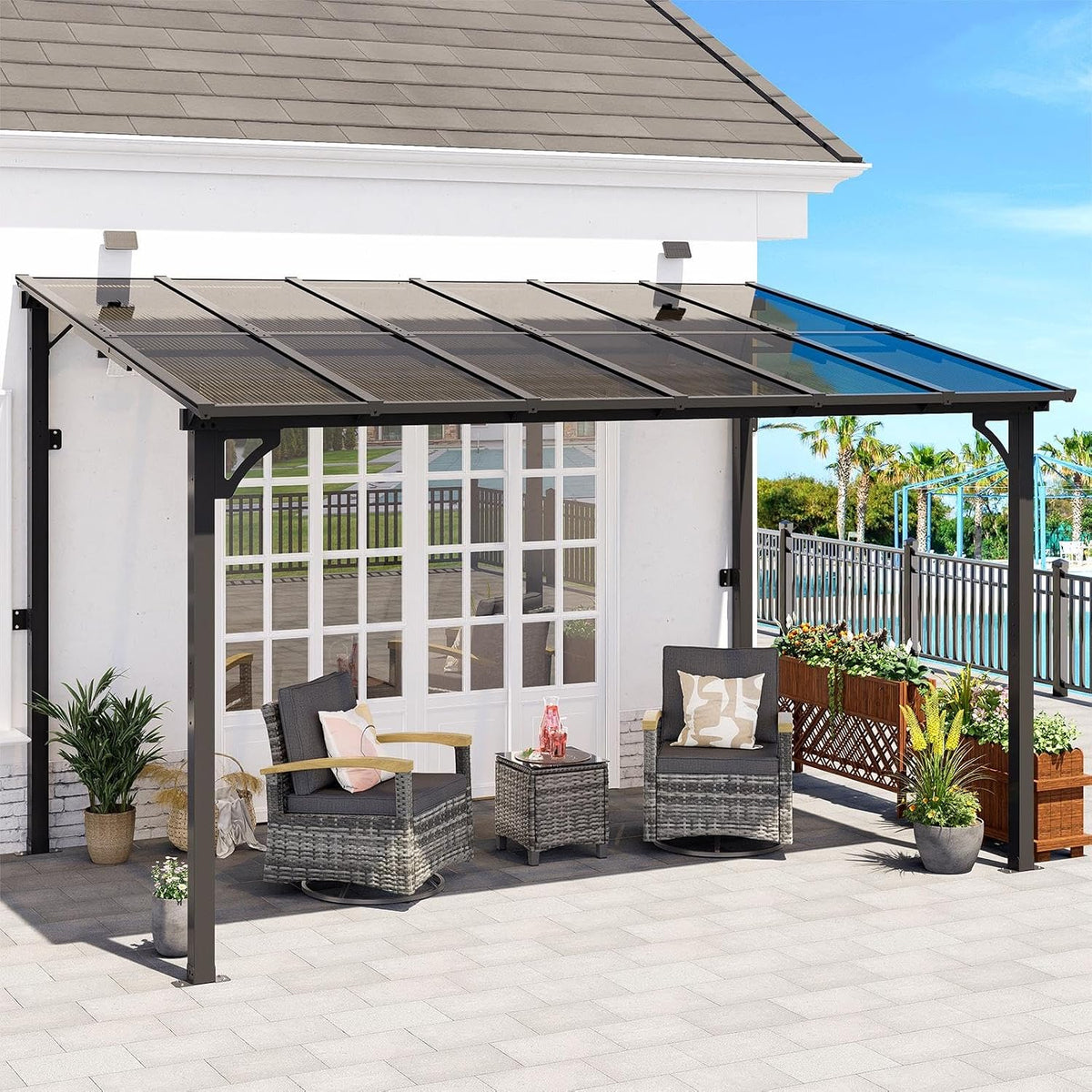 MEISSALIVVE 8' x 12' Wall Mounted Pergola, Lean to Metal Awnings, Sloped Roof Patio Gazebo Awning, Black
