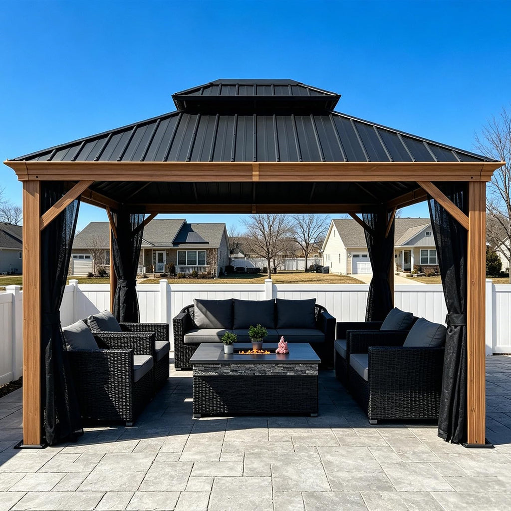 PURPLE LEAF 10' X 12' Outdoor Hardtop Gazebo for Patio Galvanized Steel Double Roof Permanent Canopy Teak Finish Coated Aluminum Frame Pavilion Gazebo with Netting