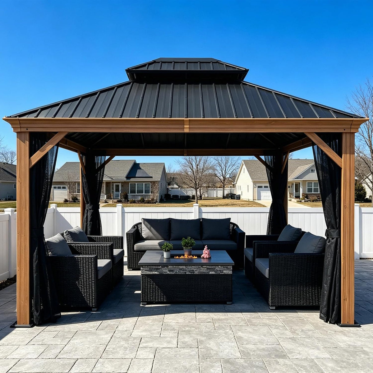 PURPLE LEAF 10' X 12' Outdoor Hardtop Gazebo for Patio Galvanized Steel Double Roof Permanent Canopy Teak Finish Coated Aluminum Frame Pavilion Gazebo with Netting