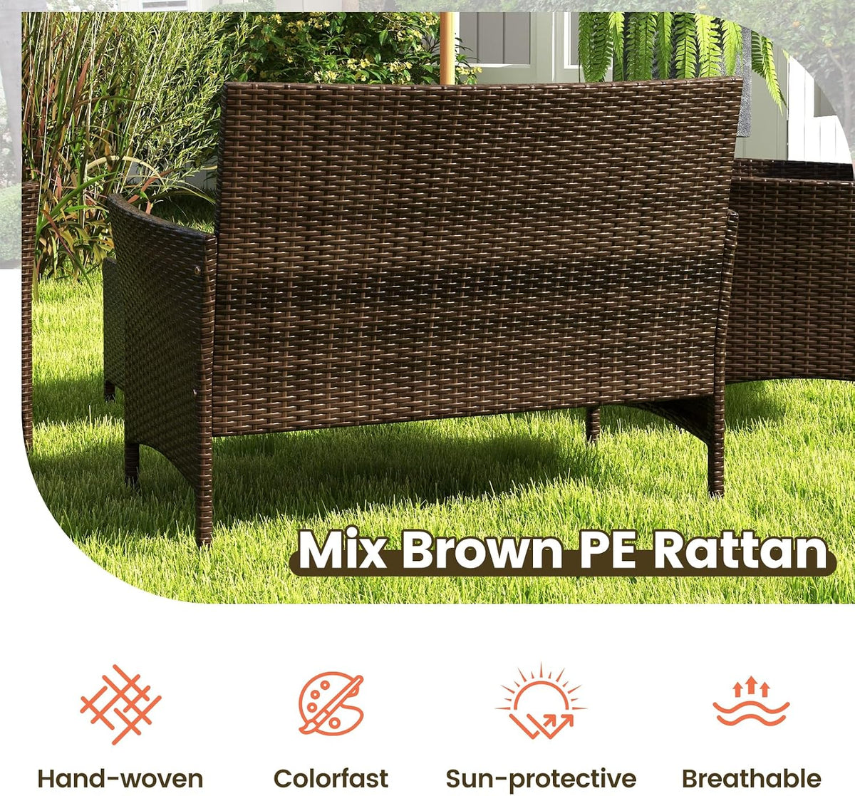 ORALNER 4 Pieces Patio Furniture Set, Rattan Chairs Loveseat with Soft Cushion and Glass Table, Outdoor Wicker Conversation Set for Balcony Garden Backyard Porch Poolside (Orange)