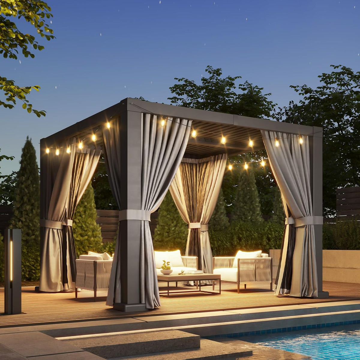 Aoxun Louvered Pergola 10' x 10' Outdoor Aluminum Pergola Adjustable Roof, with Waterproof Curtains and Nets, for Decks, Gardens, Gray