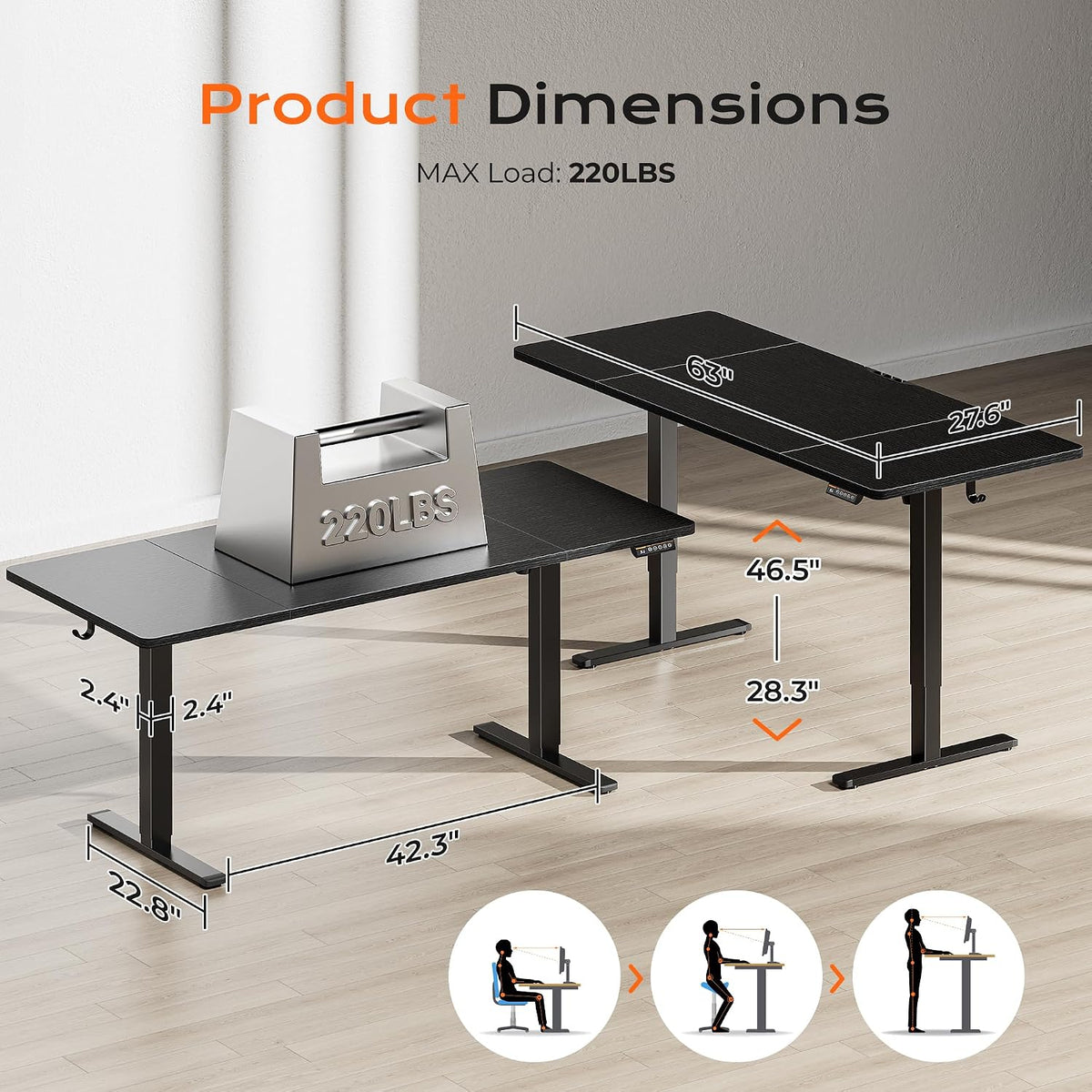 Huuger 63 x 28 Large Electric Standing Desk, Height Adjustable Computer Desk, 27.6' Deep Desktop, Stand up Gaming Office Table with 2 Hooks, 3 Preset Heights, for Home Office, Black