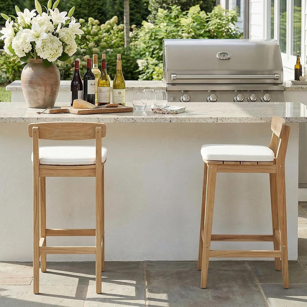 Patio Bar Stools Set of 2, Solid Acacia Wood Patio Barstools with Footrest, 28.5' Counter Height Outdoor Bar Stools, High Top Patio Bar Chairs for Balcony/Deck/Kitchen Island/Bistro, Beige