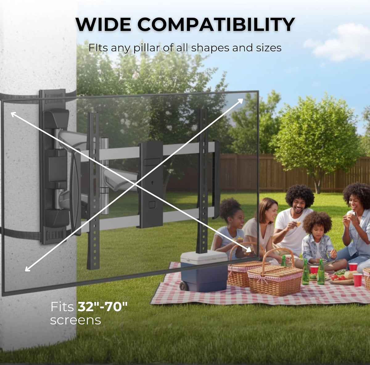 ZeboZap 37'–70' TVs | Outdoor Full Motion Dual Arm TV Mount Fits Pillars & Poles, Weatherproof No Drill Gazebo TV Mount, VESA 600x400, Holds 77 lbs
