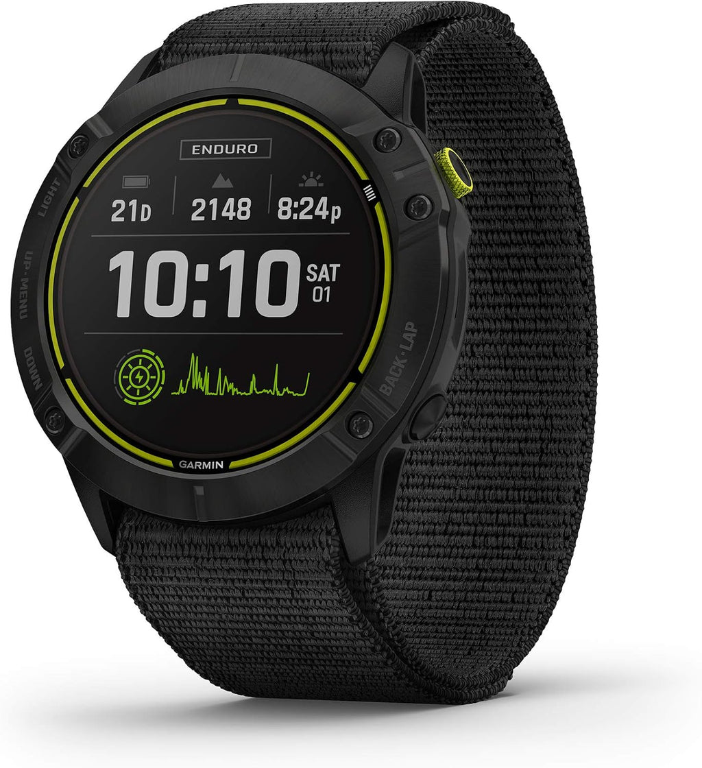 Garmin Fenix Enduro, Ultraperformance Multisport GPS Watch with Solar Charging Capabilities, Battery Life Up to 80 Hours in GPS Mode, Carbon Gray DLC Titanium with Black UltraFit Nylon Band