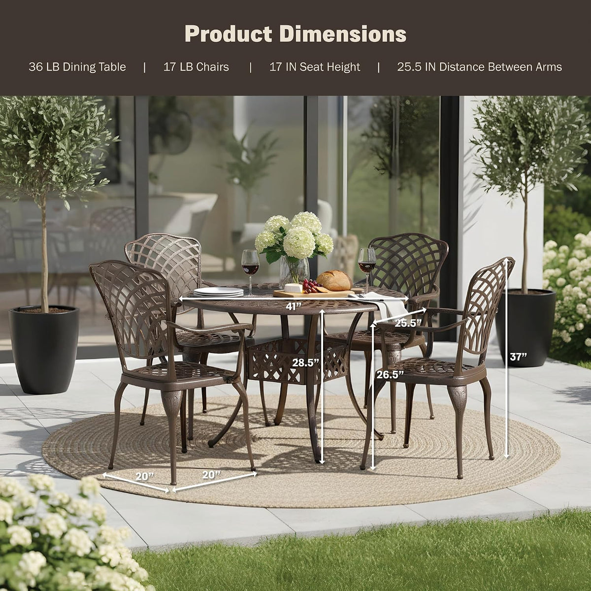 Mazatzal 5 Pieces Outdoor Furniture Dining Set for 4 All-Weather Cast Aluminum Round Patio Table and Chairs Outdoor Furniture Set with Umbrella Hole Retro Bronze Pattern Design