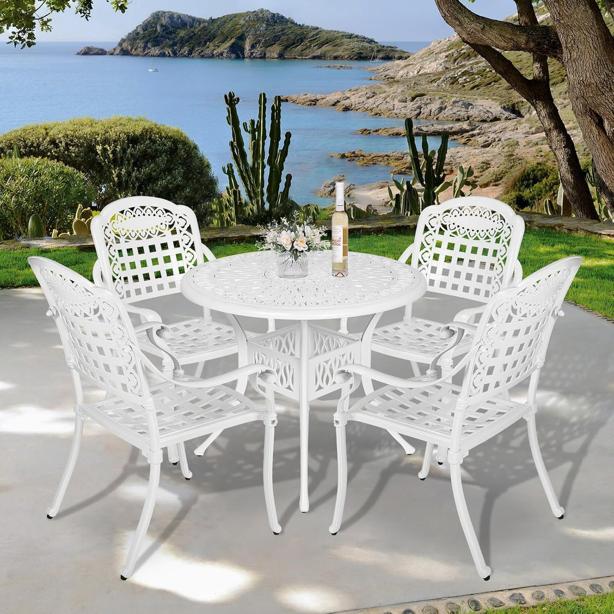 VIVIJASON 5-Piece Outdoor Patio Furniture Dining Set, All-Weather Cast Aluminum Conversation Set, Include 4 Chairs and 38.5' Round Table w/Umbrella Hole for Balcony, Lawn, Garden, Backyard, White
