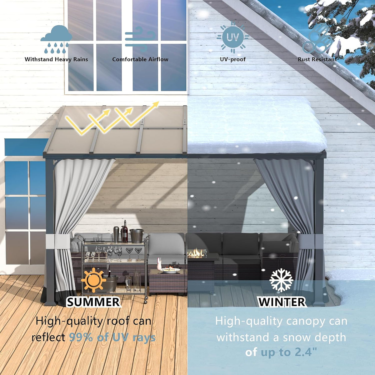 Kurapika 10' x 12' Wall Mount Gazebo Outdoor Pergola, Hardtop Lean to Gazebo Canopy Awnings with Sloped Roof and Sturdy Steel Frame, for Patio, Porch, Deck, Backyard(Grey)