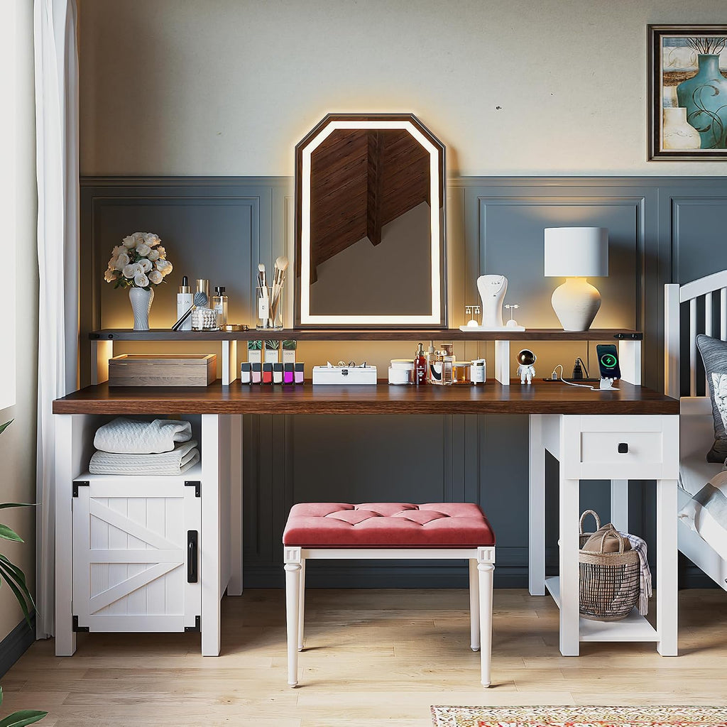 EnHomee Computer Desk with Drawers,23' D Home Office Desk with Storage,Wooden Desk with Monitor Stand,Farmhouse Desk with Printer Space and Power Outlets for Studio,Work, Study,Writing&Gaming,White