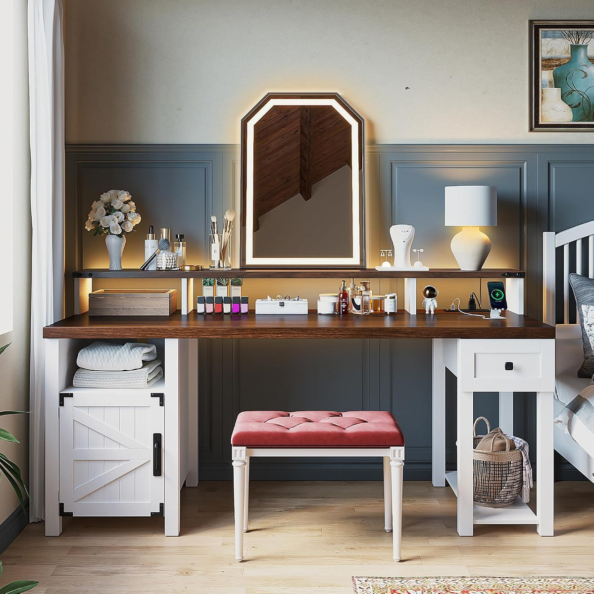 EnHomee Computer Desk with Drawers,23' D Home Office Desk with Storage,Wooden Desk with Monitor Stand,Farmhouse Desk with Printer Space and Power Outlets for Studio,Work, Study,Writing&Gaming,White