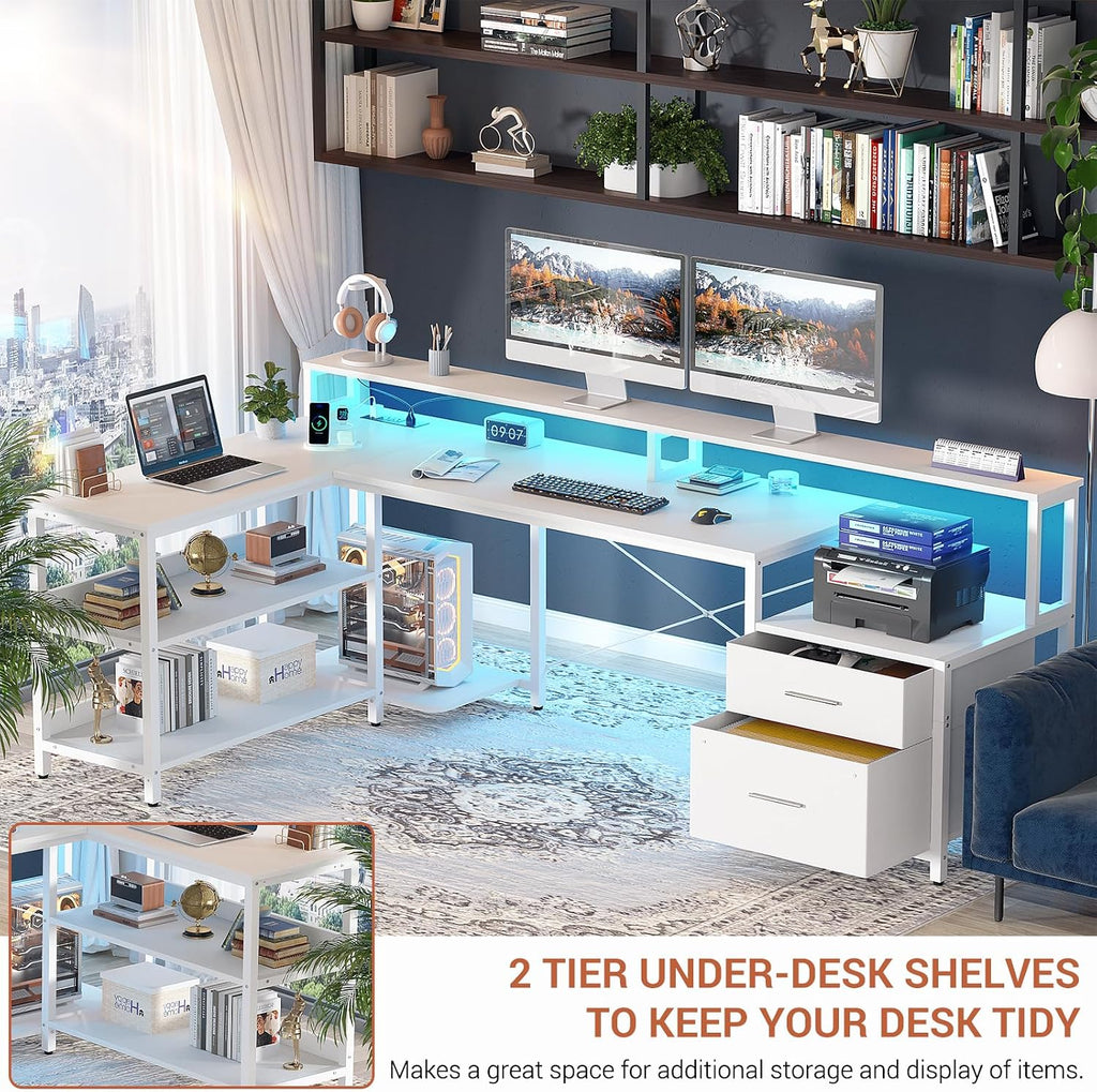 Aheaplus L Shaped Desk with File Drawer, 72.8' Reversible L Shaped Computer Desk with Power Outlet & LED Strip, Gaming Desk with Long Monitor Stand, Office Desk Corner Desk with Storage Shelf, White