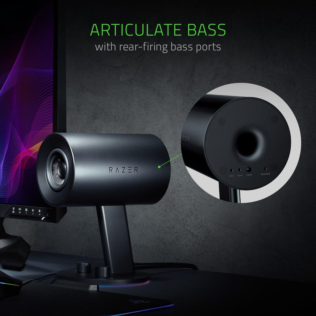 Razer Nommo Chroma: Custom Woven 3' Glass Fiber Drivers - Rear-Facing Bass Ports - Bass Knob w/Automatic Gain Control Chroma Enabled - Full Range 2.0 PC Gaming Speakers, Black