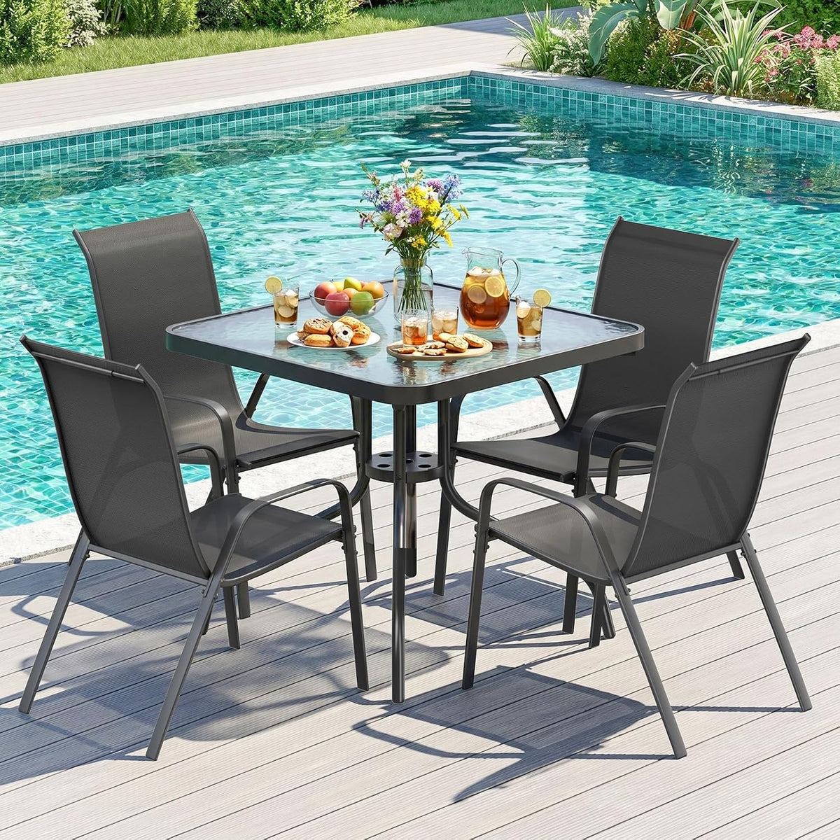 TLSUNNY Patio Dining Set 5 Pieces, All Weather Outdoor Furniture W/30'X 30' Table and 4 Stackable Textilene Chairs, Metal Table and Chairs for Lawn, Garden, Poolside, Backyard (Umbrella not Included)