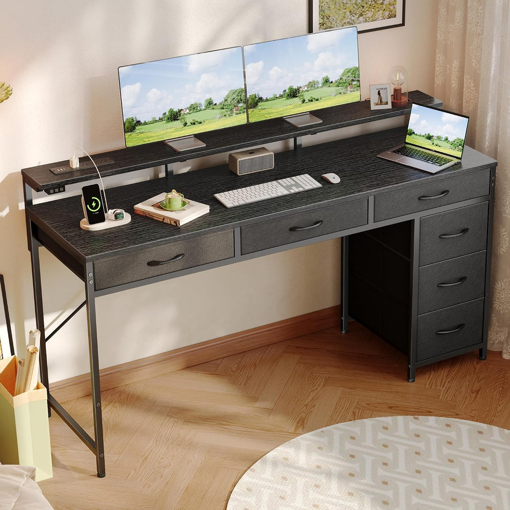 Huuger Gaming Desk with 6 Drawers, Computer Desk with LED Lights Power Outlets and Type-C, 55 Inch Office Desk with Storage, Monitor Stand, Writing Desk Work Desk Home Office, Bedroom, Study, Black