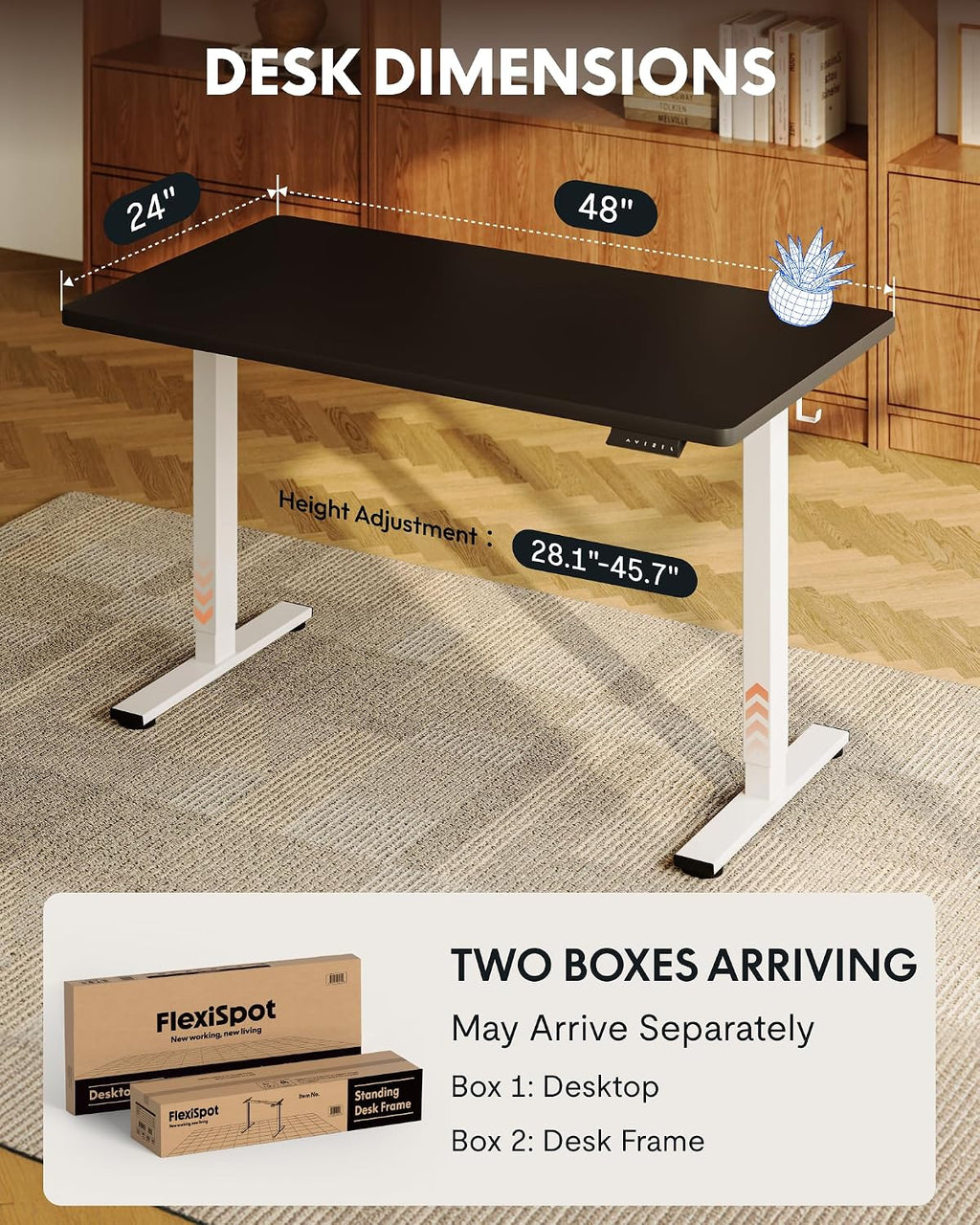 FLEXISPOT EN1 One-Piece Standing Desk with 1-Inch Thick Seamless Desktop, 48'x24' Electric Height Adjustable Desk for Home Office, Multi-Monitor Setups & Easy Assembly, Black