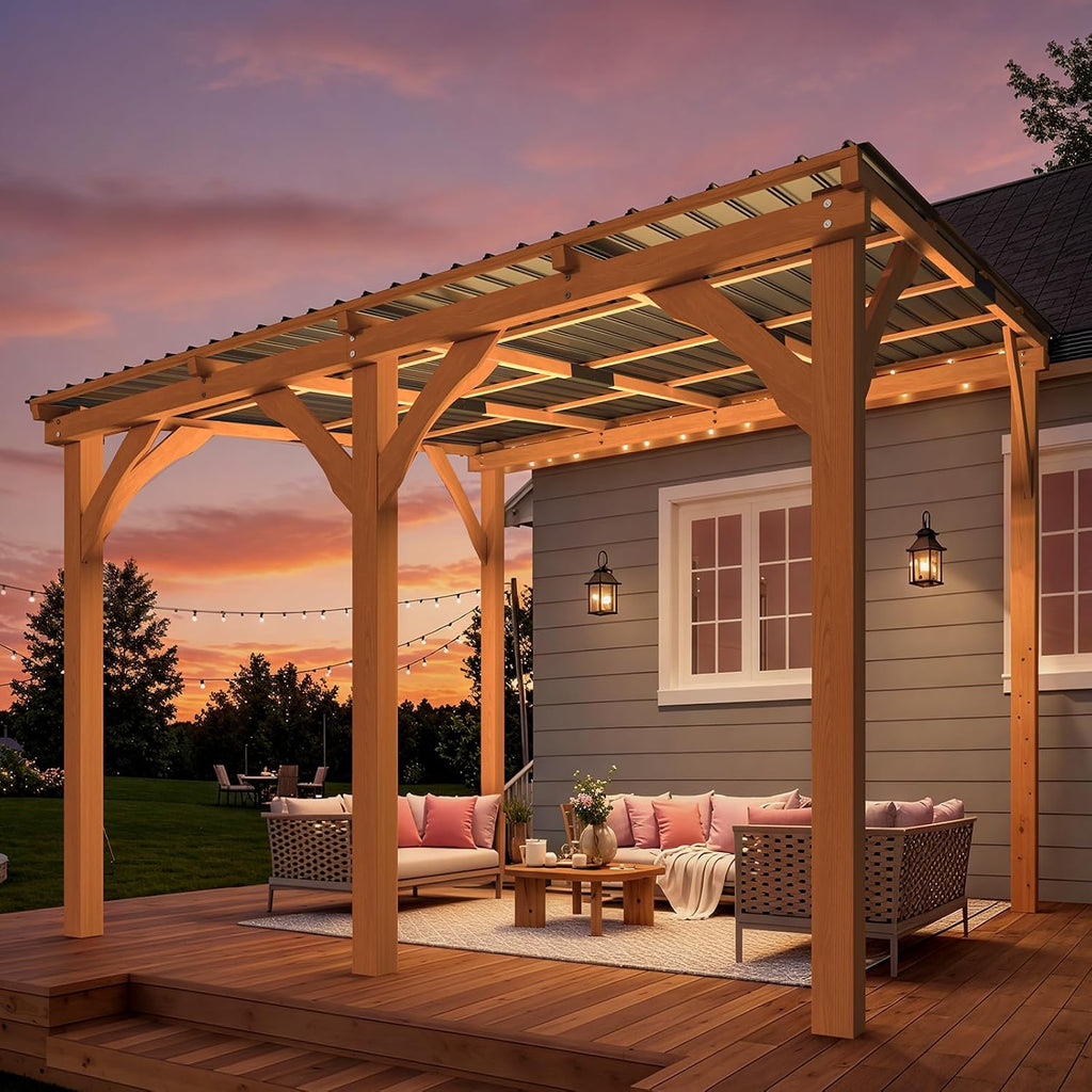 AECOJOY 10' x 10' Outdoor Wood Ceder Gazebo for Patio, Outdoor Lean to Hardtop Pergolas and Gazebos Clearance, Wall Mounted Wooden Gazebo Heavy Duty Awnings for Patio, Decks, Backyard