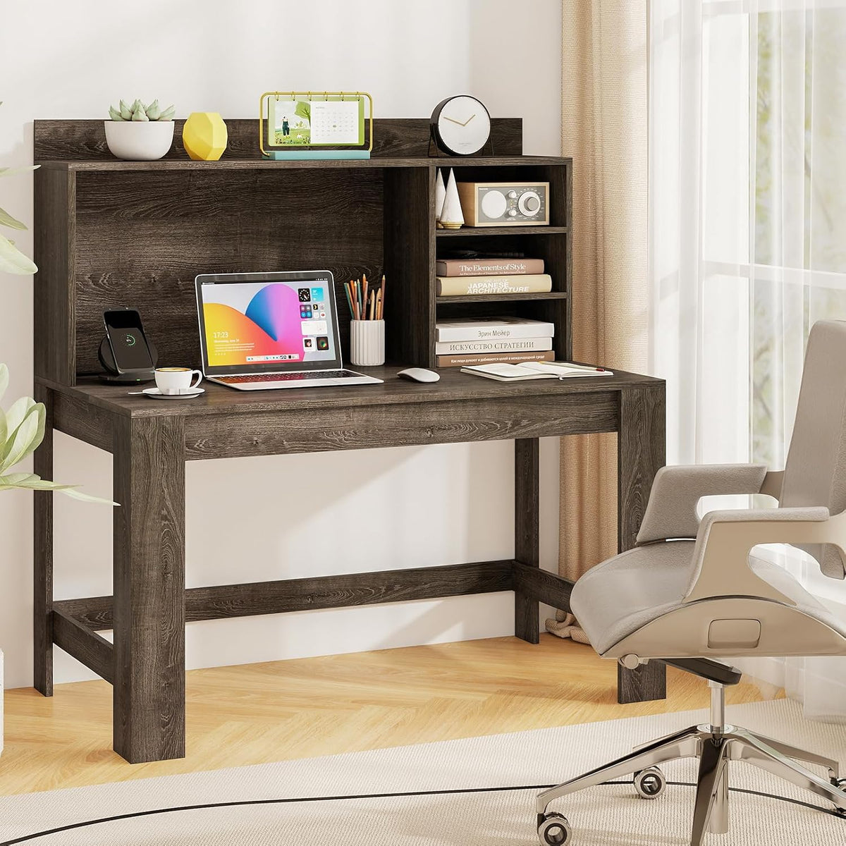 Tangkula Computer Desk with Hutch & Charging Station, Home Office Writing Study Desk with Storage Shelves, Cable Management Hole, Laptop Desk, Desk for Bedroom, Computer Workstation (Gray Oak)