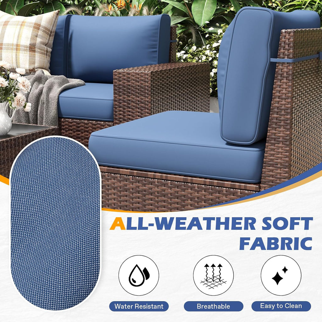 6 Pieces Outdoor Patio Furniture Set with Table Brown Rattan Sectional Sofa Conversation Sets for Balcony Lawn and Garden (Navy Blue, 6 pcs w/Table)