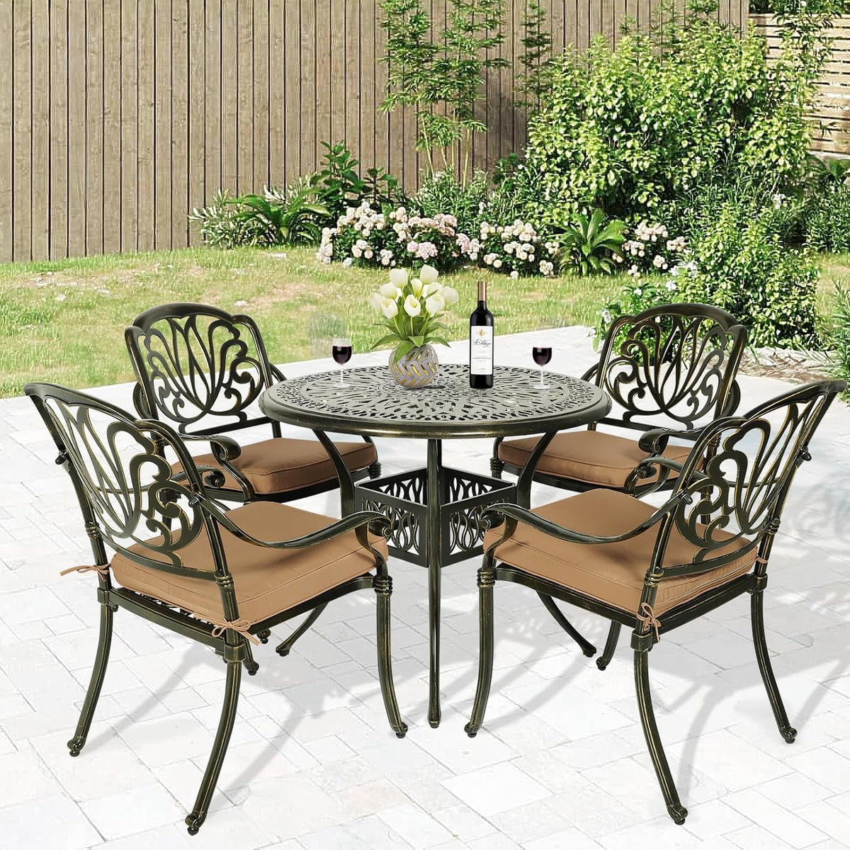 MEETWARM 5 Piece Patio Dining Set, Outdoor All-Weather Cast Aluminum Dining Table Set, Patio Furniture Set for Backyard Garden Deck, Include 4 Chairs, 4 Cushions and 1 Round Table with Umbrella Hole