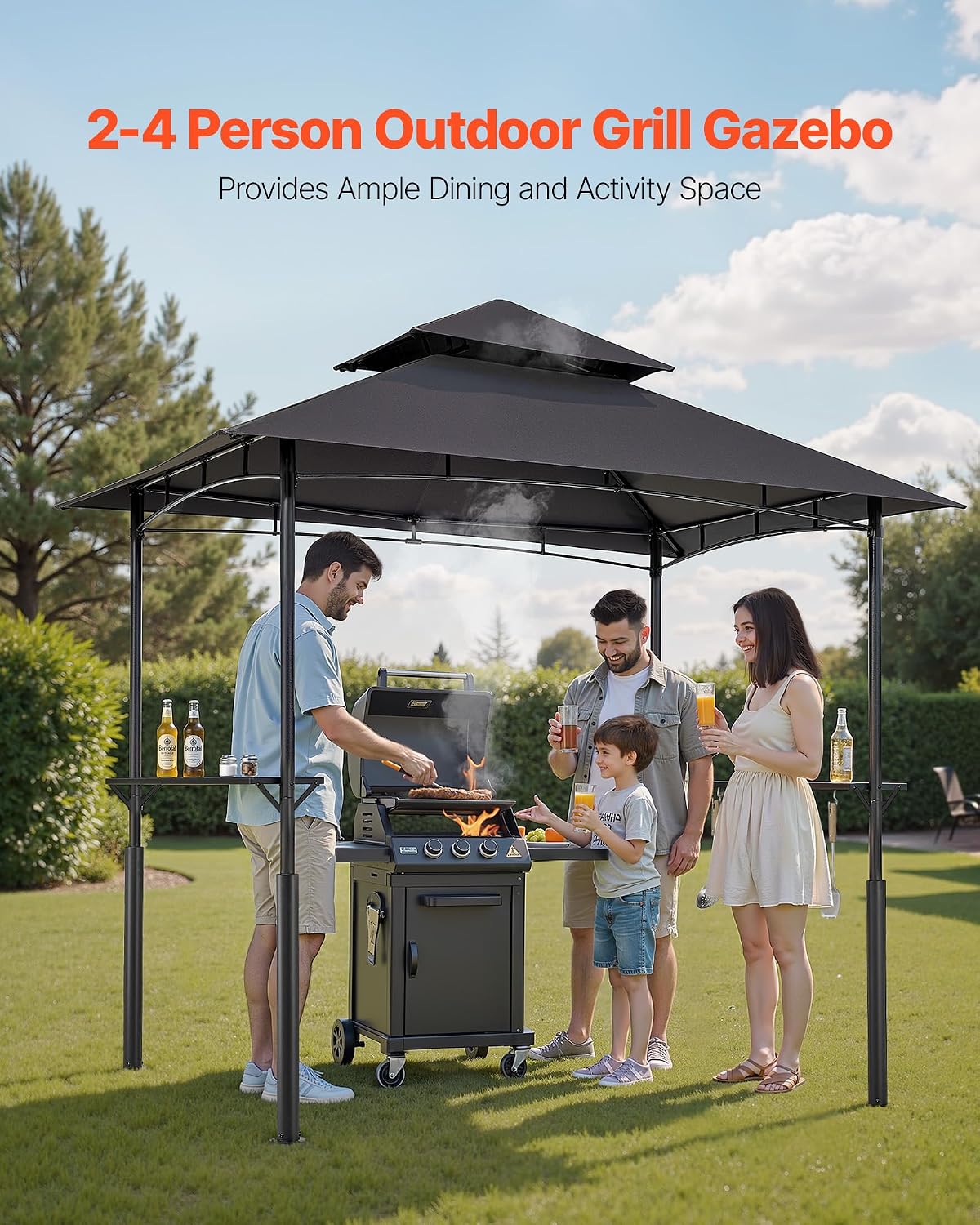 VEVOR Grill Gazebo, 8 x 5 ft Reinforced Outdoor BBQ Gazebo with Double-Tiered Roof, Powder-Coated Steel Patio Grill Shelter with 2 Side Shelves & 8 Hooks, Grilling Canopy for Patio Backyard Garden