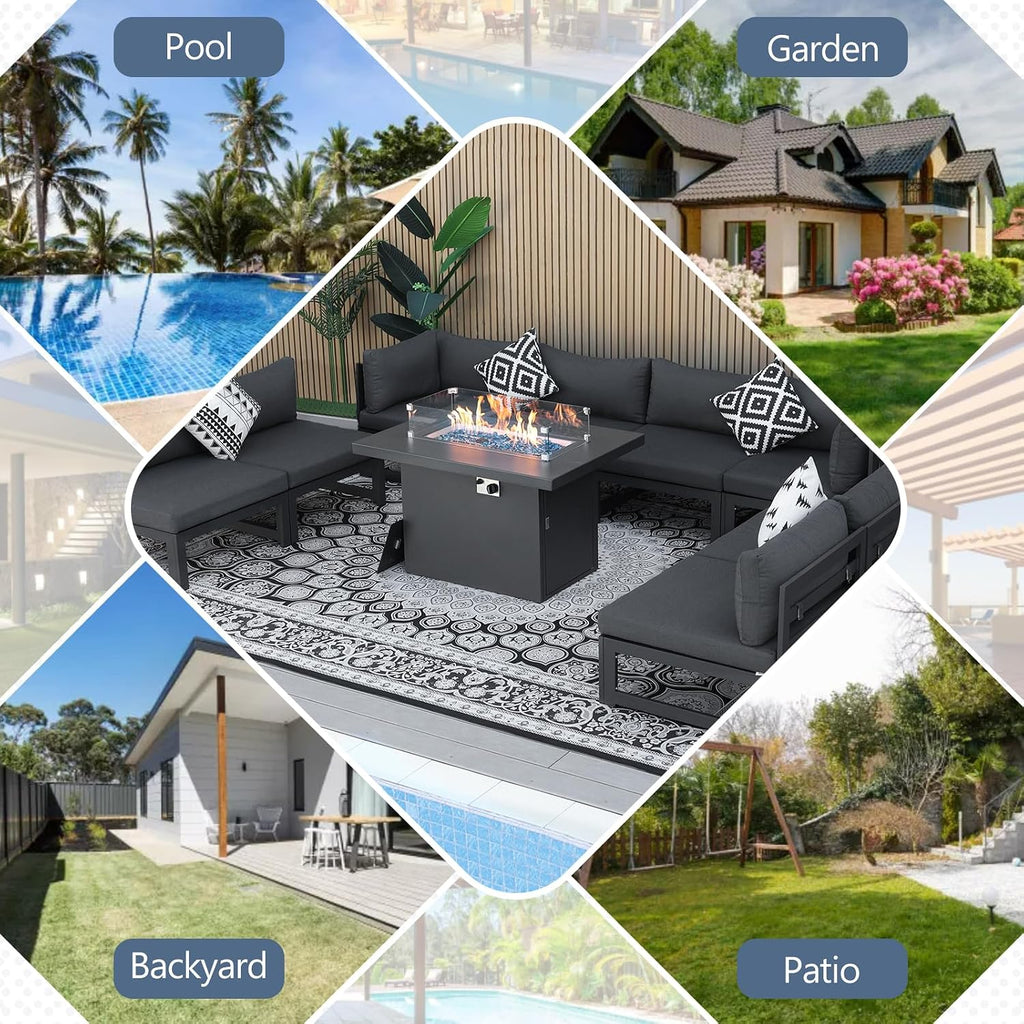 RADIATA 9 Piece Modern Aluminum Patio Furniture Set with Fire Pit Table, 500 lbs Heavy Duty Outdoor Sectional Sofa, 29' Deep Wide Oversize Seating Conversation Couch for Garden Exterior, Dark Gray