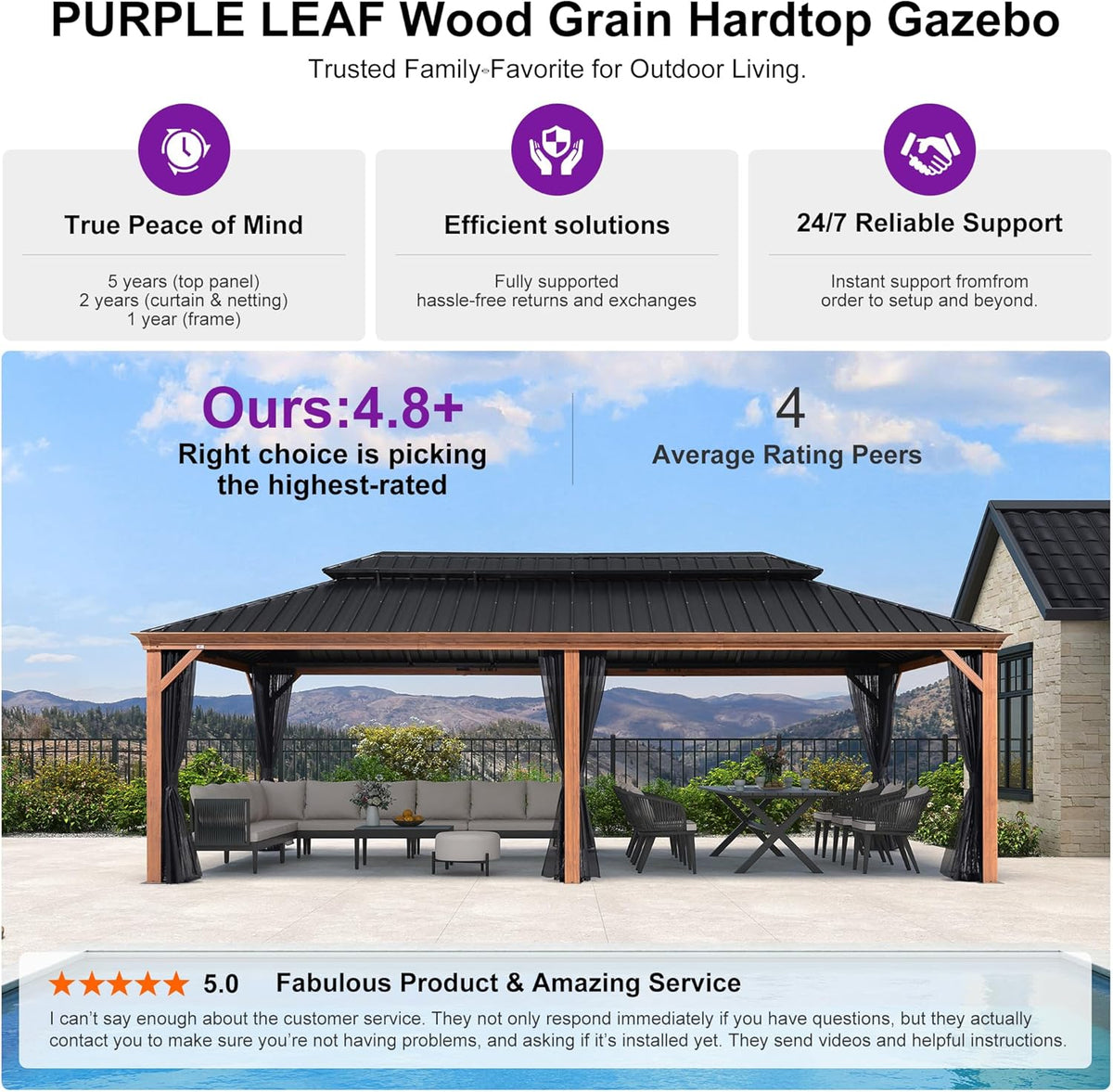 PURPLE LEAF 12' X 24' Outdoor Hardtop Gazebo for Patio Galvanized Steel Double Roof Permanent Canopy Teak Finish Coated Aluminum Frame Pavilion Gazebo with Netting