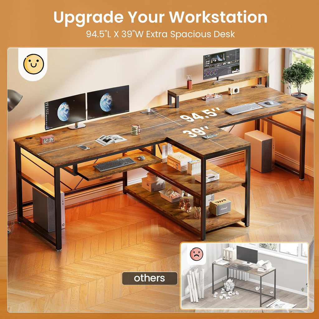 SEDETA 94.5' Home Office Desks, Computer Gaming Desk with Storage, LED Lights, Power Strip with USB, Keyboard Tray & Monitor Stand, Extra Long Double Desk for 2 Person, Rustic Brown