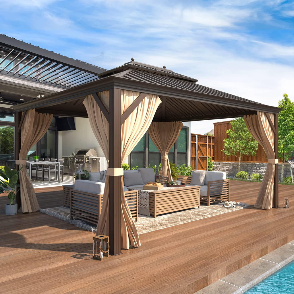 YOLENY 10' x 12' Hardtop Gazebo with Double Galvanized Steel Roof & Gutters, Aluminum Frame Pergolas with Curtains and Netting, Metal Outdoor Gazebos for Patios, Garden, Lawns, Parties
