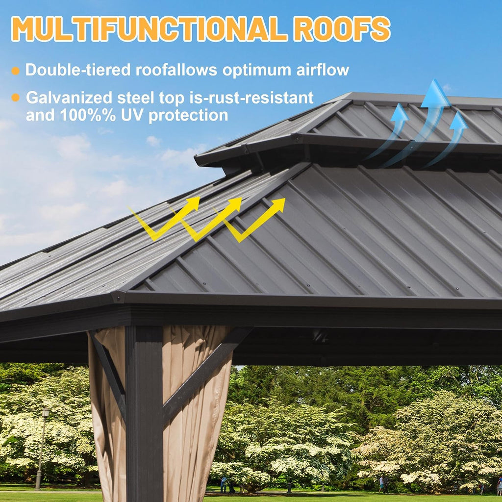 10x12 ft Hardtop Gazebo Outdoor Aluminum Patio Gazebo Double Roof Galvanized Steel Canopy with Netting and Curtains for Garden, Backyard, Deck and Lawns.