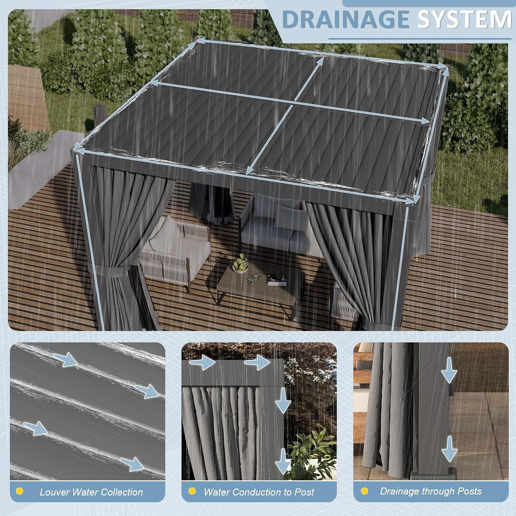 Aoxun Louvered Pergola 10' x 10' Outdoor Aluminum Pergola Adjustable Roof, with Waterproof Curtains and Nets, for Decks, Gardens, Gray