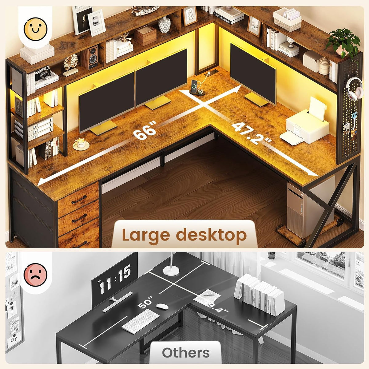 SEDETA L Shaped Desk with Hutch and 3 Drawers, Convertible 94.5' Computer Desk with File Drawer, L Shaped Office Desk with Power Outlet, LED Lights, Storage and Pegboard for Home Office, Brown